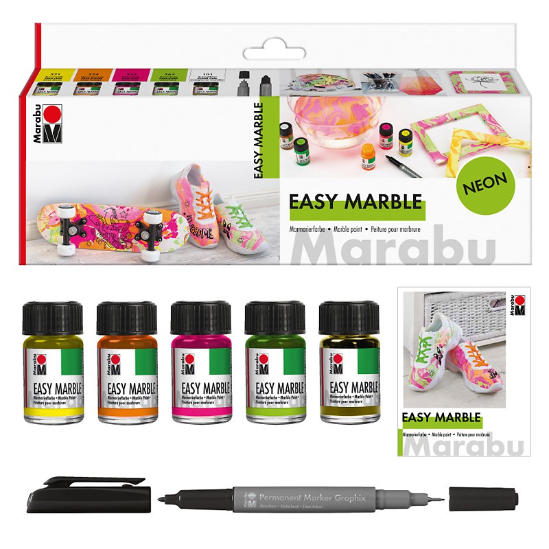 Zestaw farb do marmurkowania Marabu EASY MARBLE 5 x15 ml NEON + marker
