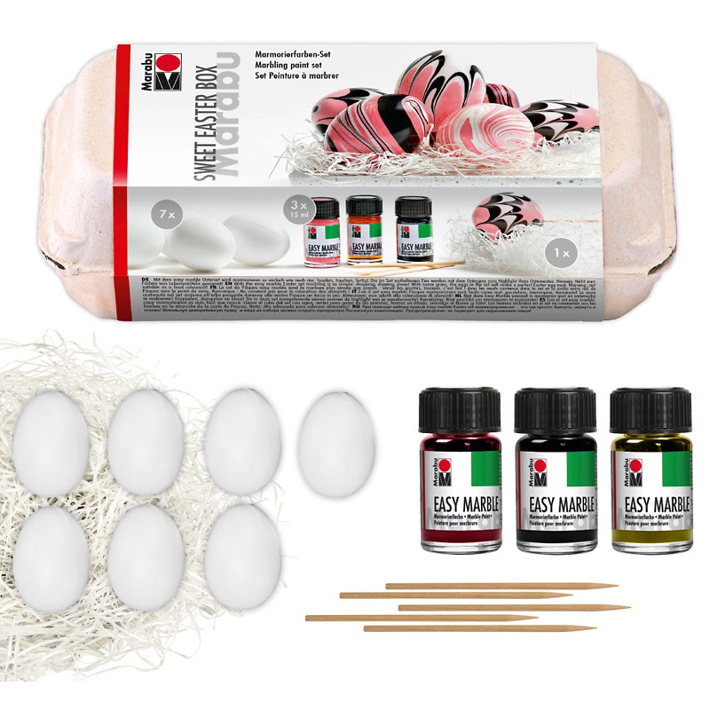 Zestaw farb do marmurkowania Marabu SWEET EASTER BOX 3x15 ml + 7 plastikowych jajek do malowania