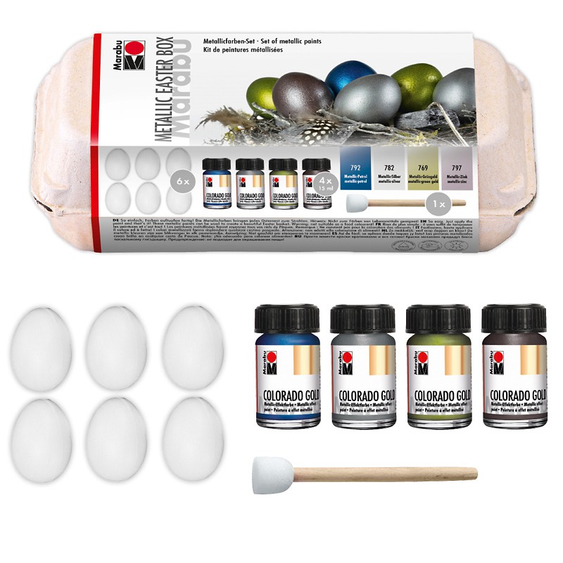 Zestaw farb z efektem złota Marabu METALLIC EASTER BOX 4 x 15 ml + 6 jajek