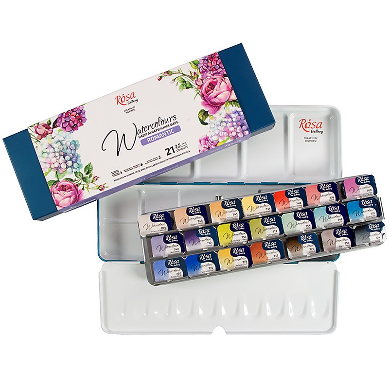 WATERCOLOUR ROSA GALLERY  "Romantic"  zestaw 21 kostek farb akwarelowych w metalowej kasecie - sklep dla plastyków gart.pl