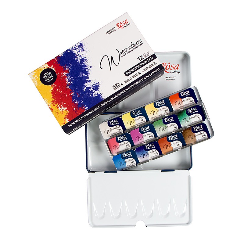WATERCOLOUR ROSA GALLERY  "Monopigmented"  zestaw 12 farb akwarelowych w metalowej kasecie - sklep dla plastyków gart.pl