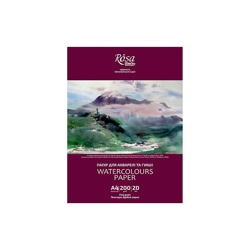 Papier akwarelowy o drobnoziarnisty, delikatnie szorstki w arkuszach o gramaturze 200 gsm, A3 i A4. Pakowany po 20 arkuszy w ory