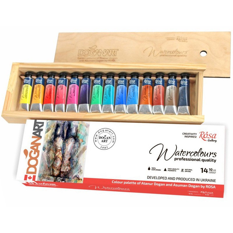 Zestaw akwareli ROSA GALLERY "DOGAN ART" 14 x 10 ml w drewnianej kasecie - gart.pl