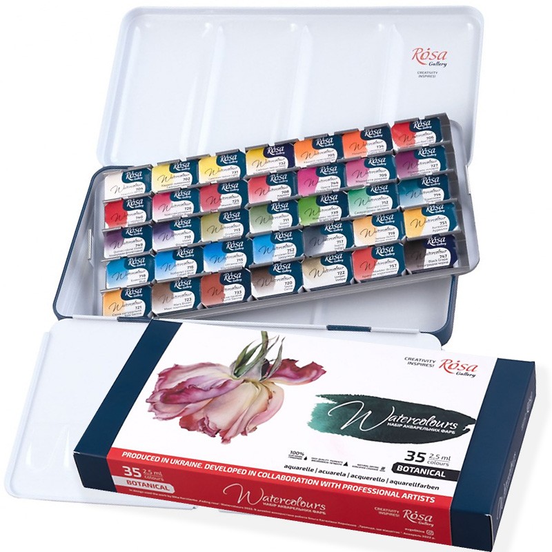 WATERCOLOURS ROSA GALLERY "Botanical" zestaw 35 akwareli w kostce w metalowej kasecie -sklep dla plastyków gart.pl