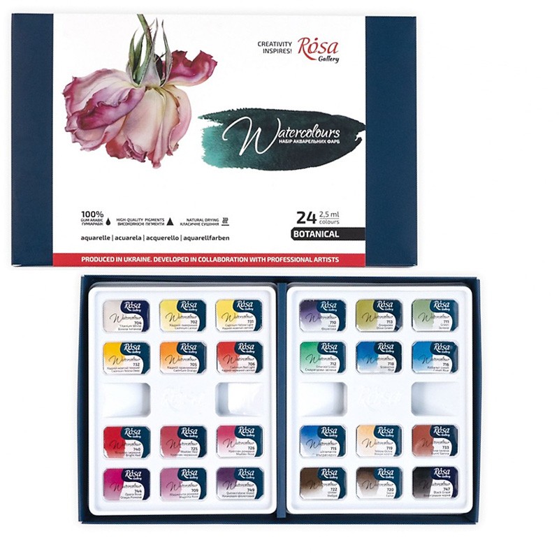 WATERCOLOURS ROSA GALLERY "Botanical" zestaw 24 akwareli w kostce w kartonie - sklep dla plastyków gart.pl