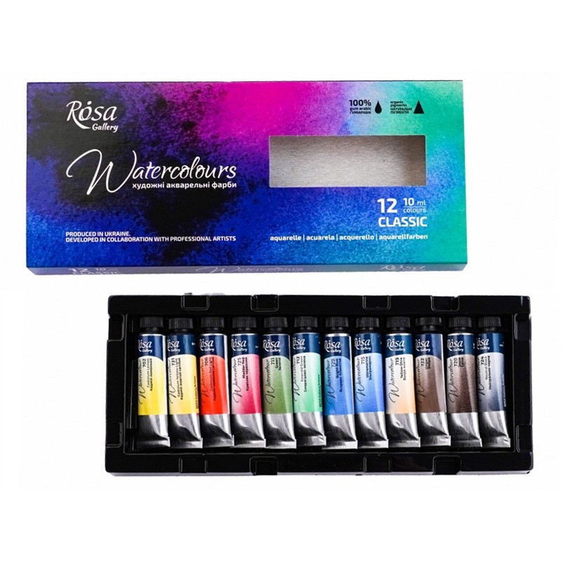 WATERCOLOUR ROSA GALLERY  "Classic" zestaw 12 farb akwarelowych w tubkach, kartonie - sklep dla plastyków gart.pl