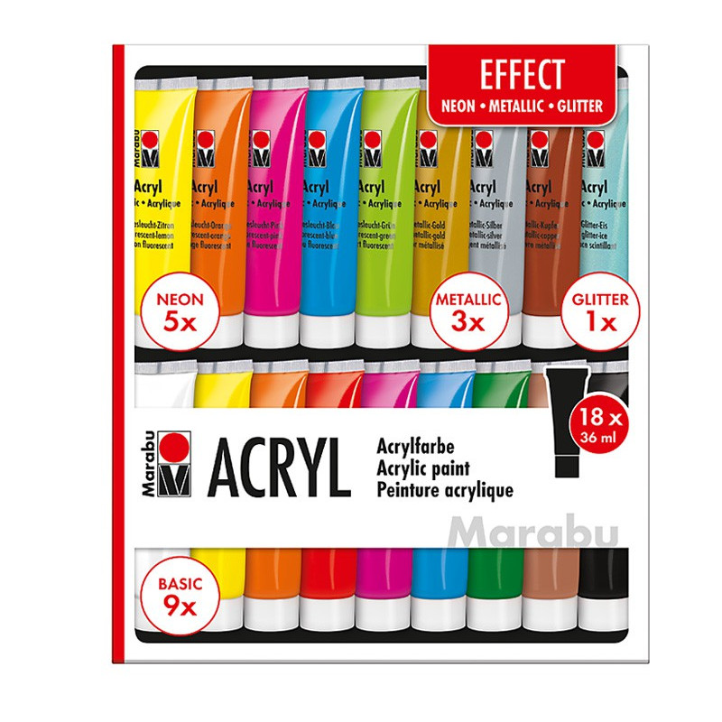 Komplet farb akrylowych Marabu ACRYL 18x36 ml - EFFECT
