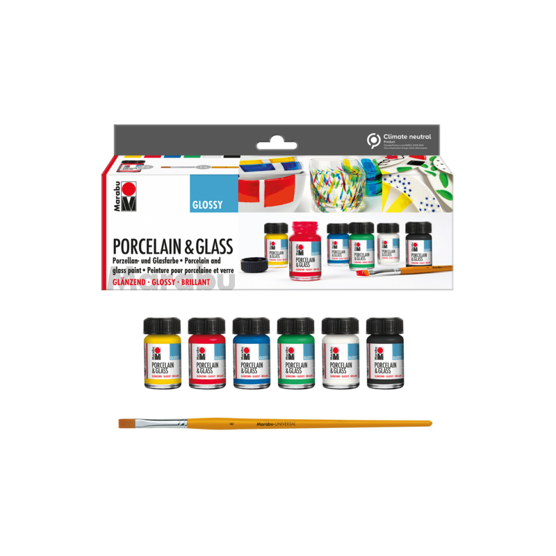 Zestaw farb do szkła i porcelany Marabu PORCELAIN & GLASS błyszczący 6x15 ml + pędzel - art. 1115000000087