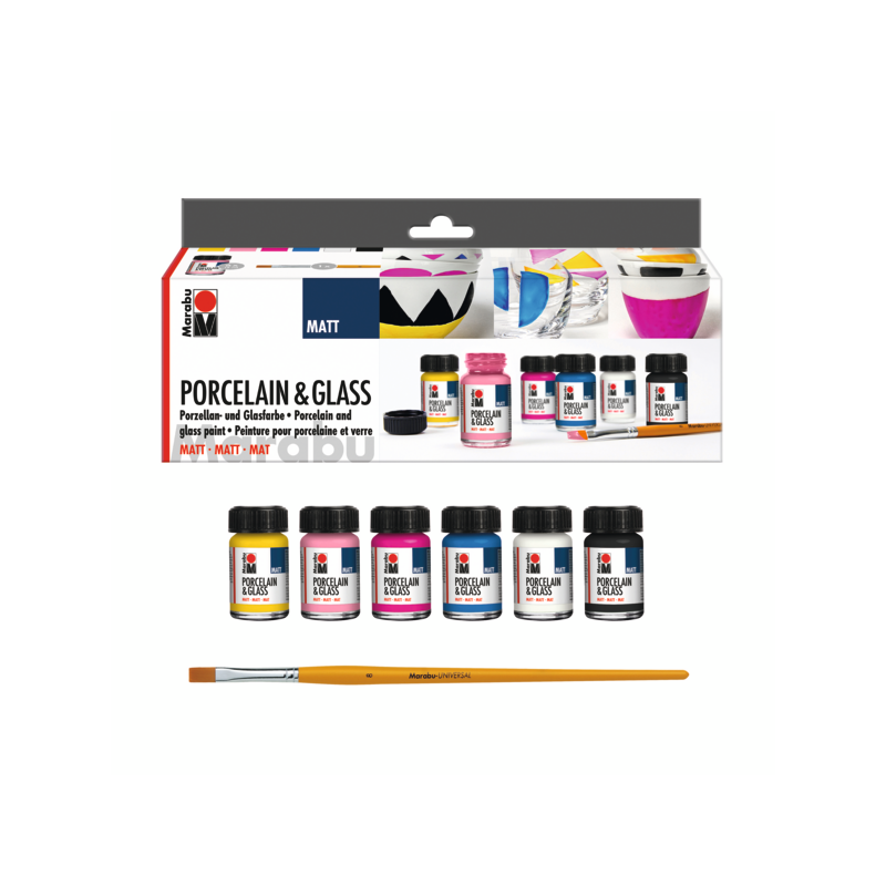 Zestaw matowych farb do porcelany i szkła Marabu PORCELAIN & GLASS MATT - 6 x 15 ml + pędzel  - art. 1116000000087