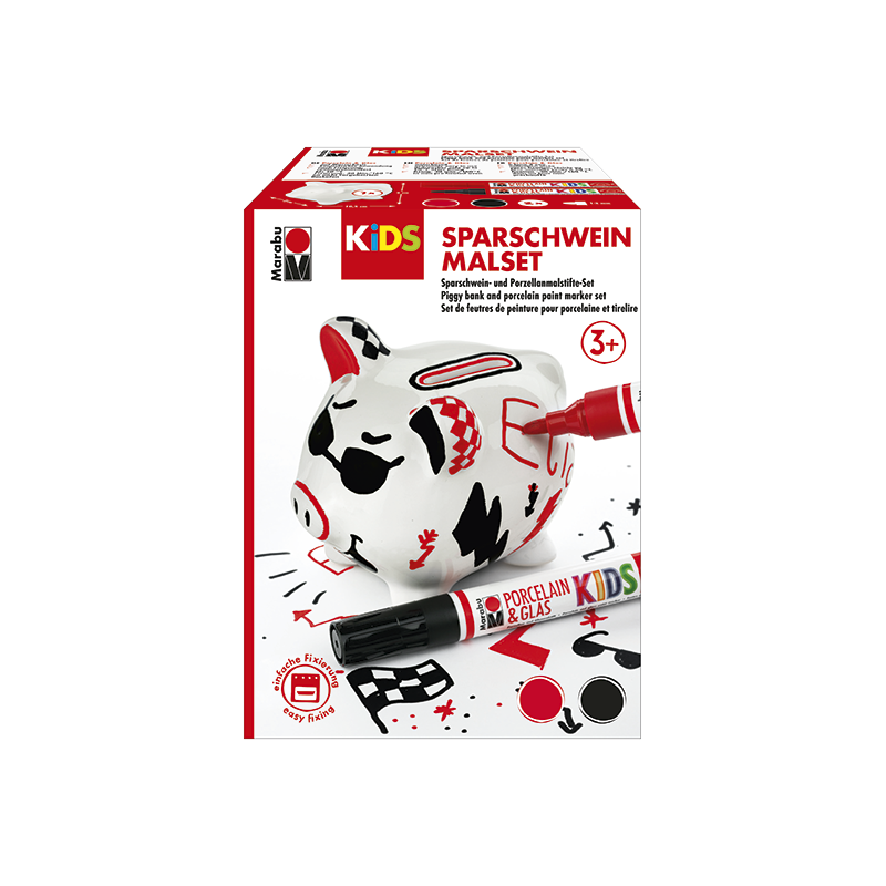 Zestaw markerów do porcelany i szkła dla dzieci + porcelanowa skarbonka Marabu Kids "PIGGY BANK"- art. 125000000100