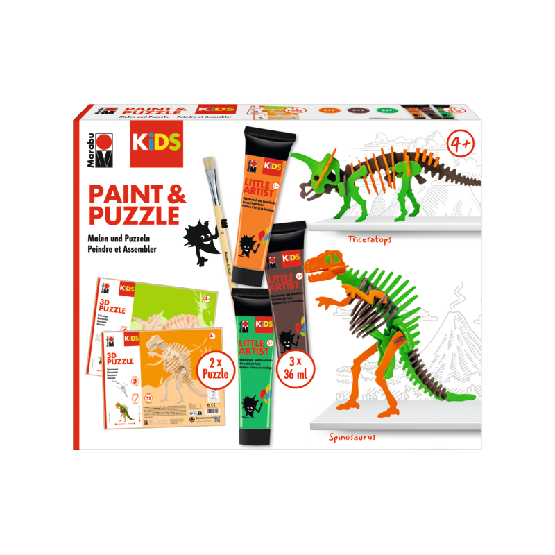 Zestaw farb Marabu KiDS Little Artist + drewniane puzzle 3D „Dinozaury” - art. 305000000110