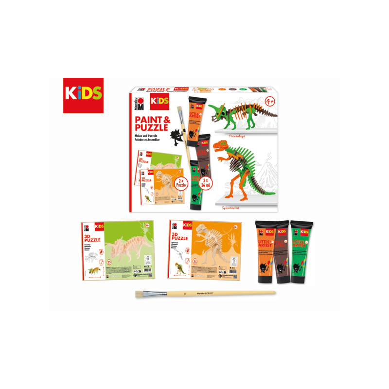 Zestaw farb Marabu KiDS Little Artist + drewniane puzzle 3D „Dinozaury” - art. 305000000110
