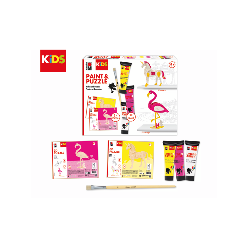 Zestaw farb Marabu KiDS Little Artist + drewniane puzzle 3D „Jednorożec” - art. 305000000111