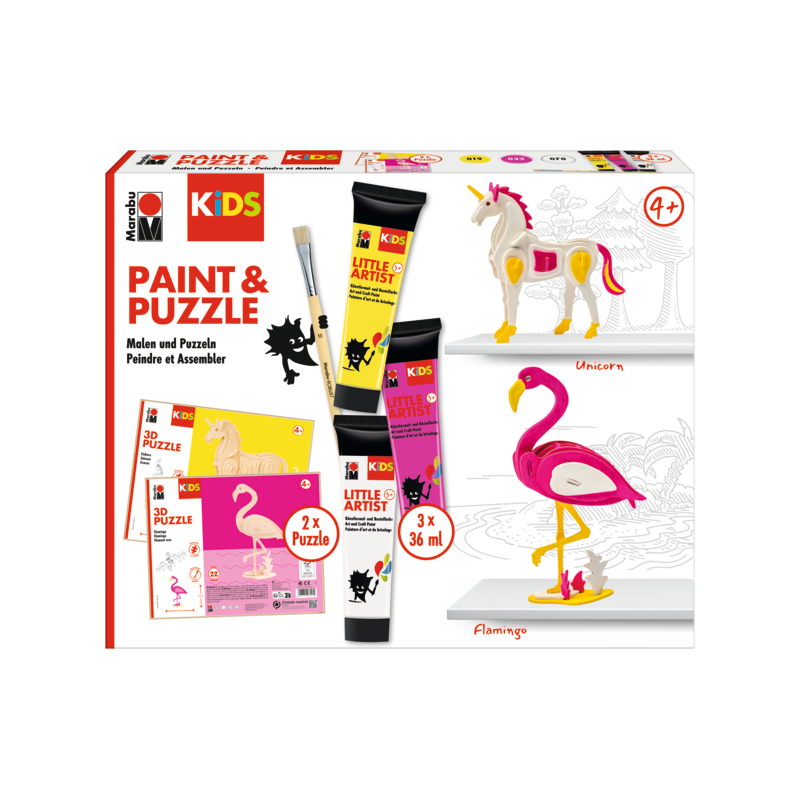 Zestaw farb Marabu KiDS Little Artist + drewniane puzzle 3D „Jednorożec” - art. 305000000111