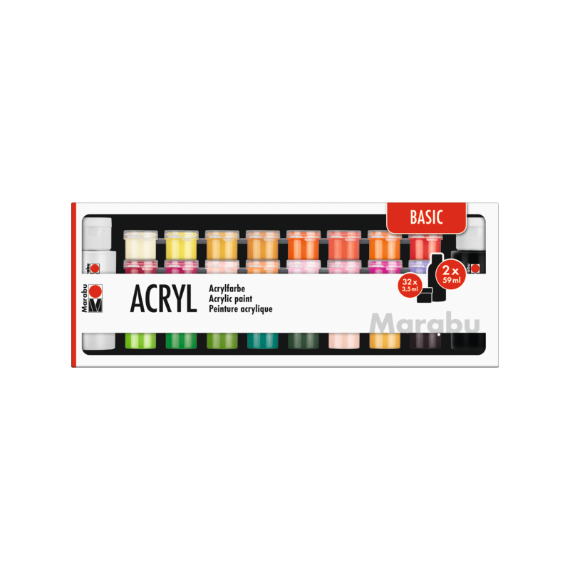 Komplet farb akrylowych Marabu ACRYL 32x3,5ml + 2x 59ml  - BASIC