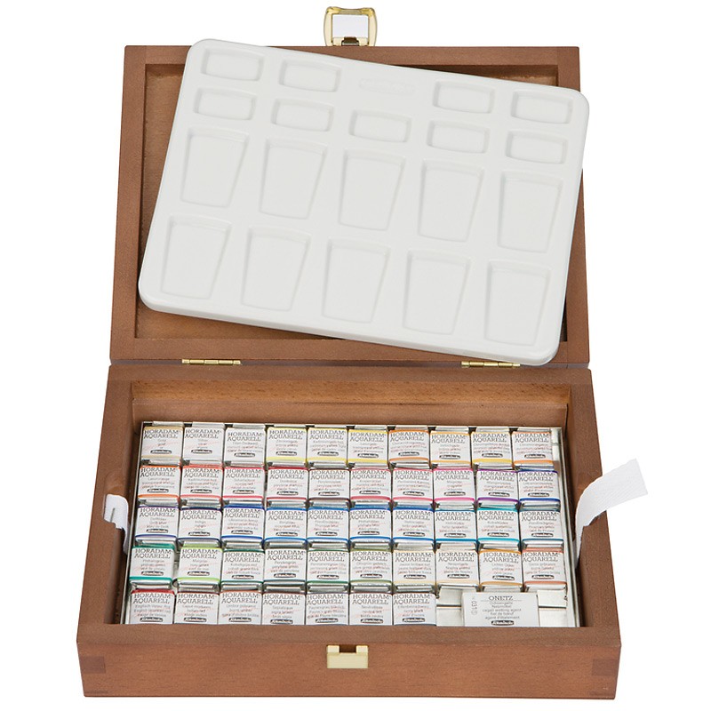 Komplet akwareli Schmincke Horadam 48 półkostek  + porcelanowa paleta w drewnianej kasecie - gart.pl
