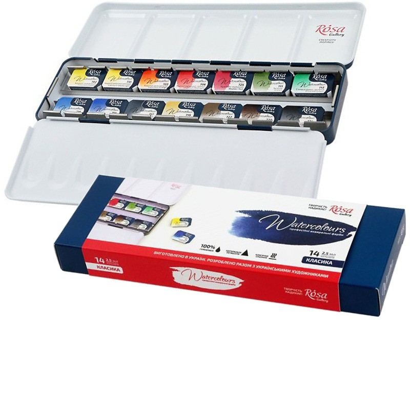 WATERCOLOURS ROSA GALLERY "Classic" zestaw 14 kostek akwareli w metalowej kasecie -sklep dla plastyków gart.pl